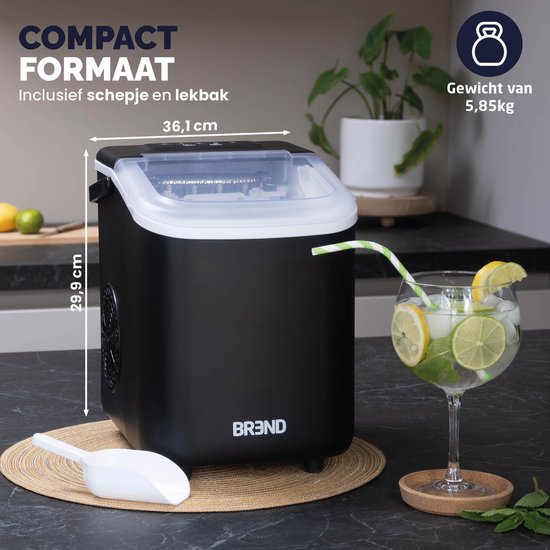 BREND BR-2213 Eiswürfelbereiter - Mit Schaufel und Tropfschale - Große L oder kleine S Eiswürfel - 10 kg in 24 Stunden - Schwarz