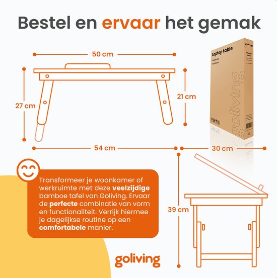Goliving Laptop-Tisch - Ausklappbar auf 39 cm Höhe - Verstellbare & klappbare Arbeitsfläche - Ergonomischer Laptop-Tisch - Bank-Tisch - Bett-Tisch - Laptop-Ständer - Holz