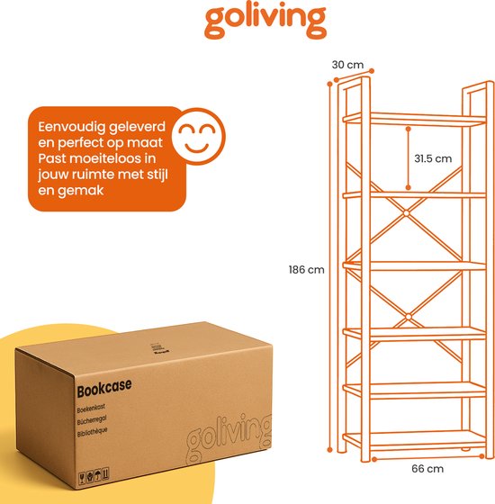 Goliving Bücherregal - 66 x 30 x 186 cm - 6 Lagen - Aufbewahrungsschrank - Wandschrank - Bücherregal - Ausstellungsschrank - Regalschrank - Wohnzimmerschrank - Industriell - Braun/Schwarz