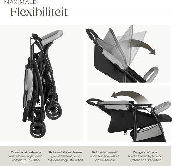 tectake® Buggy - Kinderwagen - faltbar, 5-Punkt-Gurt, verstellbare Rückenlehne und Beinauflage - mit Bremse, leichtgängige Räder - praktischer Ablagekorb - schwarz/grau