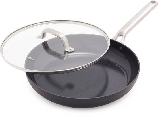 Greenpan Omega Keramik-Induktionspfanne mit Deckel, 30 cm – PFAS-frei – Induktionspfanne – Induktions-Bratpfanne – Spülmaschinenfest – Ofenfest bis 200 °C - Kratzfest – Stapelbar – Aluminium – Schwarz