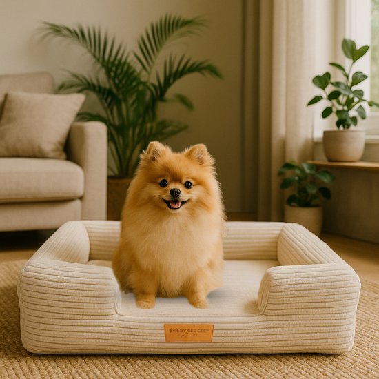 By Cee Cee Orthopädischer Hundekorb - Orthopädisches Hundekissen - Hundebett - Gerippter Stoff - Für kleine Hunde - Beige - 80x55