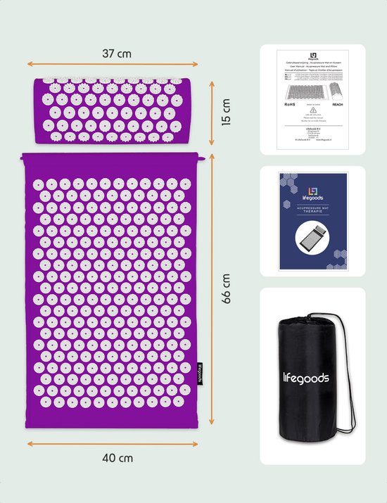 LifeGoods Akupressurmatte mit Kissen - Shakti Matte - Nagelmatte inkl. 2x Triggerpunkt Ball - 66x40x2cm - Lila/Weiß