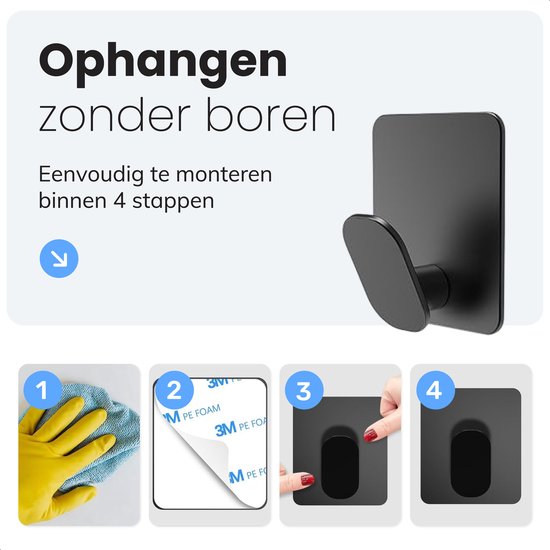 Selbstklebende Handtuchhaken - 1 Stück - Mattschwarz - Handtuchhalter - Handtuchclips - Wandhaken - Türhaken - Aufhängesystem für Gemälde - Kleiderhaken - Saugnapf mit Haken