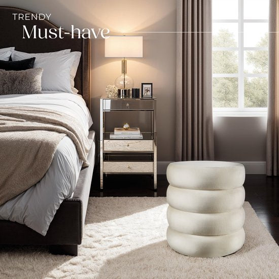 tectake - Hocker mit Ablage - Scandi Hocker Samtstoff - Runder gepolsterter Hocker für Frisiertisch, Schlafzimmer, Wohnzimmer oder als Flurmöbel - Ablagehocker - creme