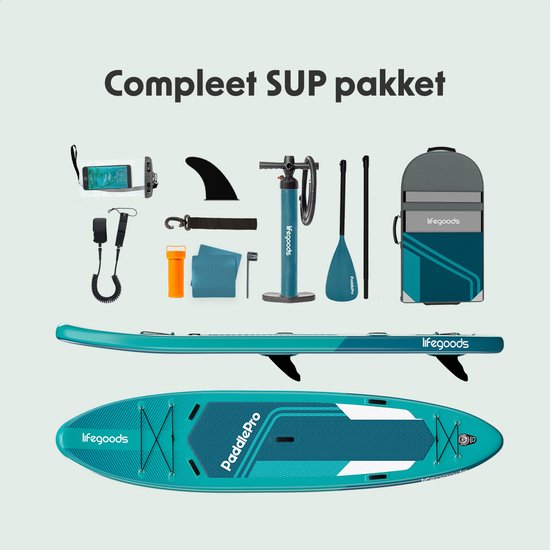 LifeGoods - SUP Board Tandem - 2 Personen - 220 KG Tragfähigkeit - 381 x 86 cm - Aufblasbar - Deep Aqua