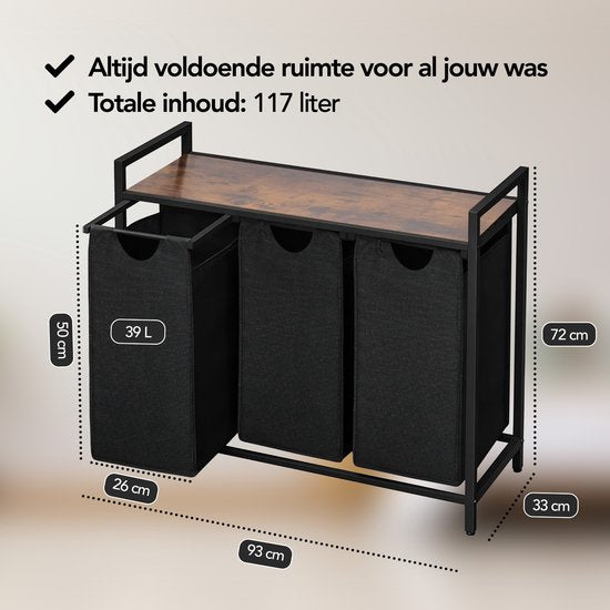 Brixy Wäschekorb 3 Fächer - Wäschesortierer - ausziehbar - Wäschebox aus Metall - 117L Kapazität - 90 x 33 x 70 cm - Schwarz/Braun