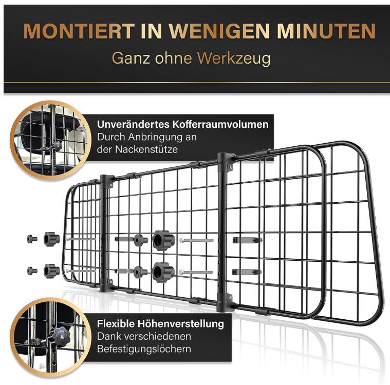 HELDENWERK Hundegitter Auto Universal - Stufenlos - Verstellbar - Für den Kofferraum - Einfache Montage - Stahl - Schwarz