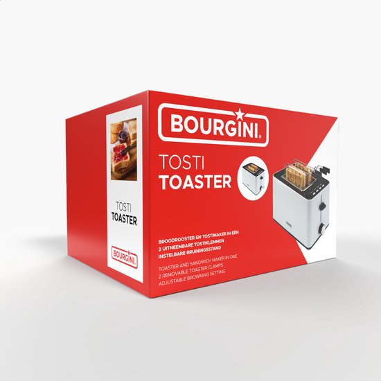 Bourgini Toasti Toaster - Toaster mit Toasti-Klemmen - Weiß - Extra breiter Schlitz für 2 getoastete Sandwiches - Einstellbare Bräunungsstufe und Auftaufunktion