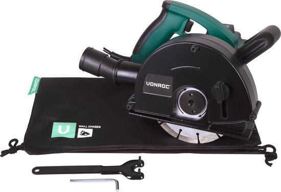 VONROC - Mauernutfräse - Inkl. 2 Diamantscheiben & Aufbewahrungstasche - Schlitzmaschine - 1700W - Ø150MM - schwarz/grün
