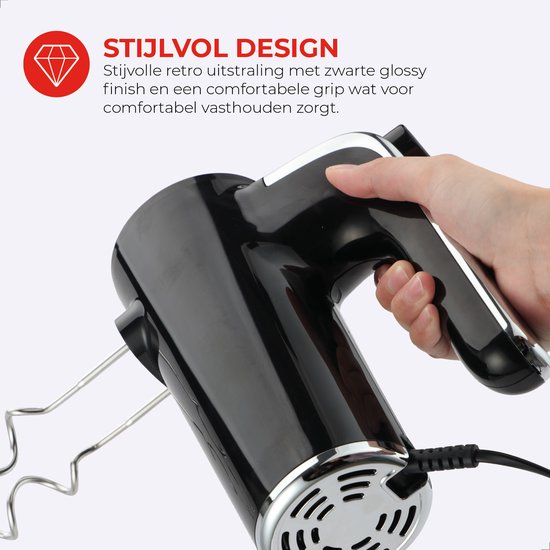 Bourgini Retro-Handmixer – 5 Geschwindigkeitsstufen und Turbo-Funktion – Teighaken und Rührbesen aus Edelstahl – Schwarz