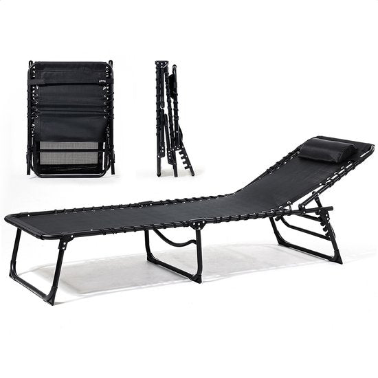 Goliving Liege - 5 Ständer - 188 x 56 x 29 cm - Faltbare Sonnenliege - Faltbare Strandliege - Gartenliege - Inklusive Kopfkissen - Verstellbare Rückenlehne - Schwarz