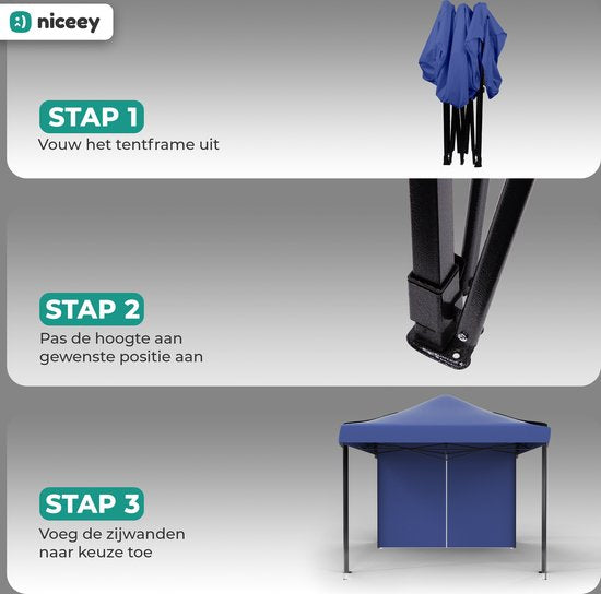 Niceey Partyzelt - 3x3m - Pavillon - faltbar und wasserdicht - Partyzelt mit Seitenwänden - Gartenzelt - einfacher Aufbau - Tragetasche mit Rädern - Dunkelblau