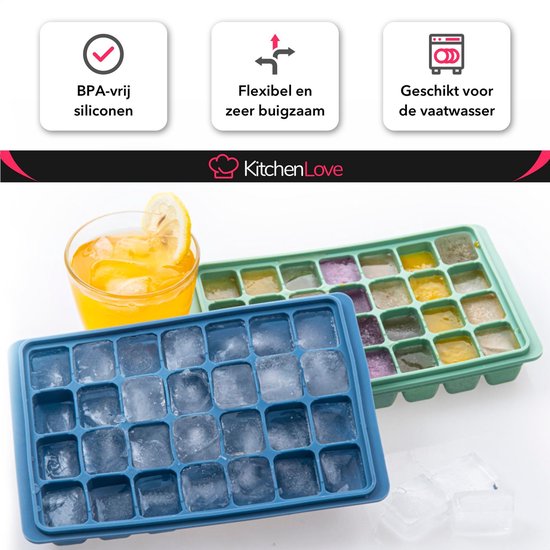 KitchenLove Silikon Eiswürfelform mit Deckel (2 Stück) - 56 Eiswürfel - Quadratisch - BPA frei - 100% Silikon - Grün & Blau