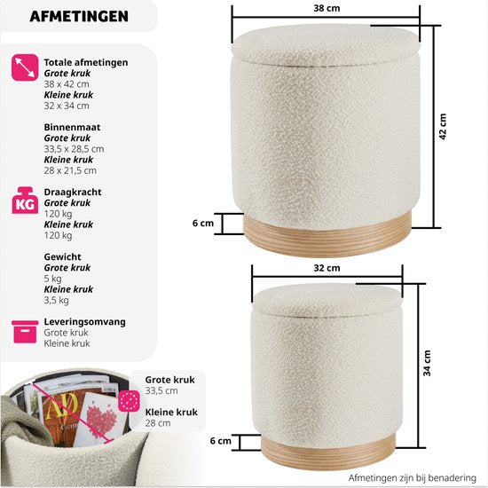 tectake® - 2er-Set Hocker mit Ablage - Bouclé-Teddy-Stoff - Scandi - Polsterhocker rund - Für Schminktisch, Schlafzimmer, Wohnzimmer - 2 Größen (38 und 32cm)