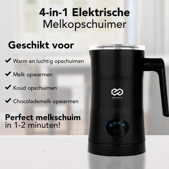 Infinity Goods 4-in-1 Elektrischer Milchaufschäumer - 350 ml - Aufschäumen und Erhitzen - Cappuccino - Spülmaschinenfest - Schwarz