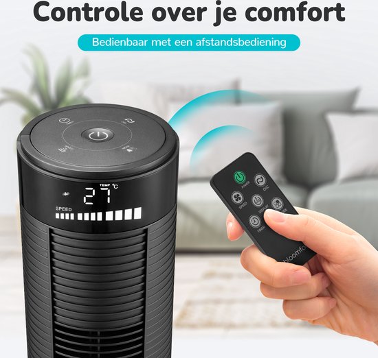 Bloomfold Turmventilator - 38 Zoll - Fernbedienung - Schlafmodus - 12-Stunden-Timer - Voll-LED-Display - Schwarz