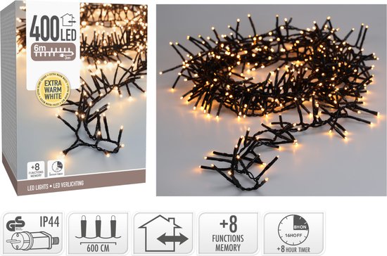 Maxi Cluster Weihnachtsbeleuchtung - 400 led - 6m - extra warmweiß - Timer - Lichtfunktionen - Memory - Außenbereich