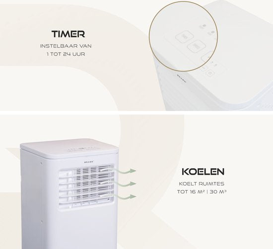 BRASQ 3-in-1 Mobiles Klimagerät – 9000 BTU – Inkl. Fensterdichtungsset & Fernbedienung – Für Räume bis 16 m² – Weiß