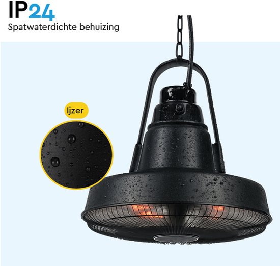BRASQ Retro Elektrischer Terrassenheizer Pendant - 3 Heizstufen - Mit Fernbedienung - IP24 -Spritzwassergeschützt - Innen und Außen - 2000 W - Schwarz