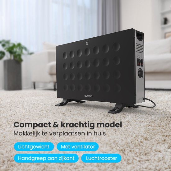 Auronic Konvektor-Heizung - 2000W - Eingebauter Ventilator - Elektrische Heizung - Mit Thermostat - Heizgerät - Schwarz