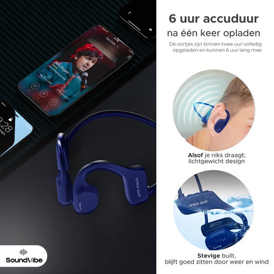 Soundvibe® Bone Conduction Headphones Blue - Sport-Kopfhörer - Sport-Kopfhörer - Kabellose Kopfhörer - Wasserfest - 8 GB interne Speicherkarte - Sport-Kopfhörer - Für alle Handys und Laptops - Lauf-Kopfhörer - Kabellose Kopfhörer