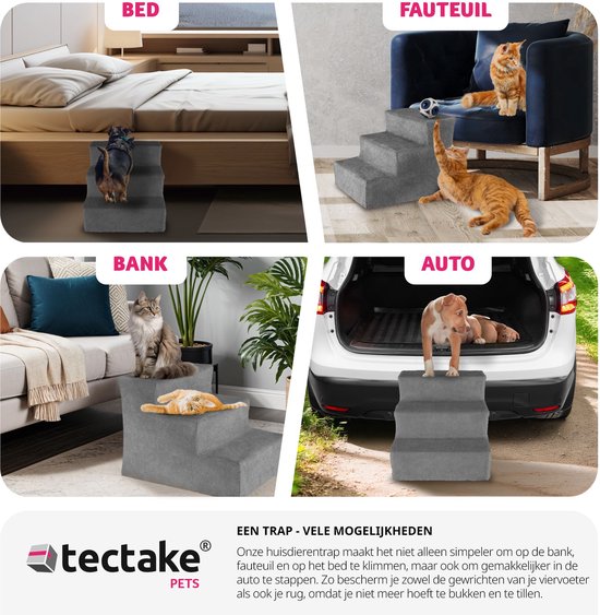 tectake Hundetreppe oder Katzentreppe, Haustiertreppe, Einstiegshilfe mit waschbarem Bezug, extra flache Treppe, Haustiertreppe für Sofa, Bett oder Auto (grau, 37 x 45 x 34,5 cm)
