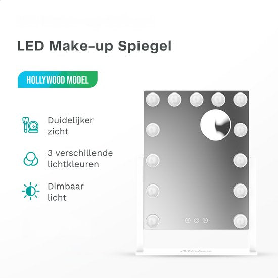 Mirlux Make Up Hollywood-Spiegel mit Beleuchtung (44x30cm) - Vision - Dimmbare LED-Birnenbeleuchtung - 13 Lampen - Weiß