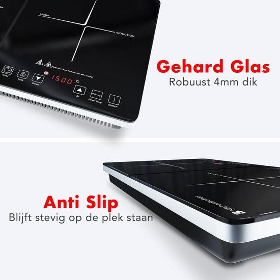 KitchenBrothers Induktionskochfeld - 2 Brenner - Freistehend - 1500W + 2000W - Edelstahl