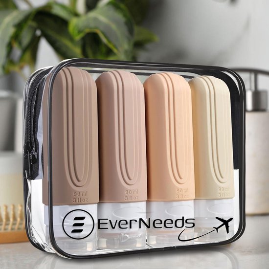 EverNeeds Reiseflaschen mit Etui - Nachfüllbar - Silikon-Reiseflaschen Handgepäck - Creme - 4 Stück