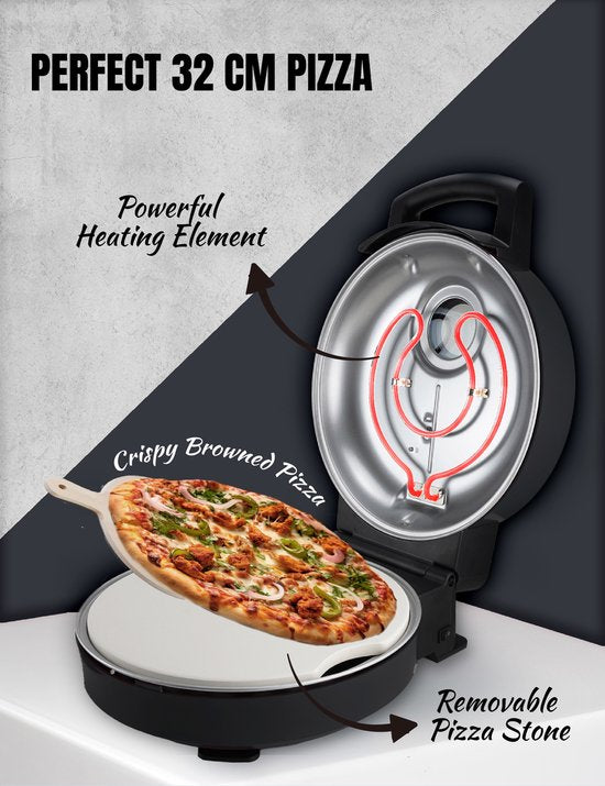 Bestron Turbo Pizzaofen - Für Pizza in 5-10 Minuten - Elektrisch - Mit Höchsttemperatur von 320°C - Inklusive Pizzastein und 2 großen Holzspateln - Matt Schwarz