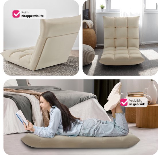 tectake Relaxsessel - Liegesessel - XXL-Bodensessel - klappbar mit Liegefunktion - Bodensessel mit verstellbarer Rückenlehne - als Sessel, Sitzkissen, Bodenkissen, Liegesessel oder zur Meditation verwendbar - Beige