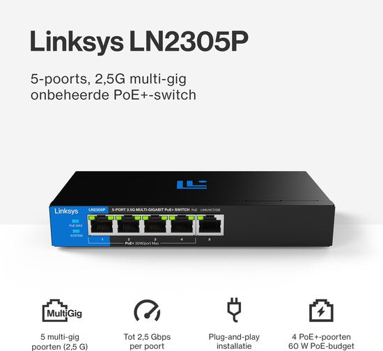 Linksys LN2305P - Netzwerk-Switch - Unverwaltet PoE+ - 2500 Mbps - 5 Ports