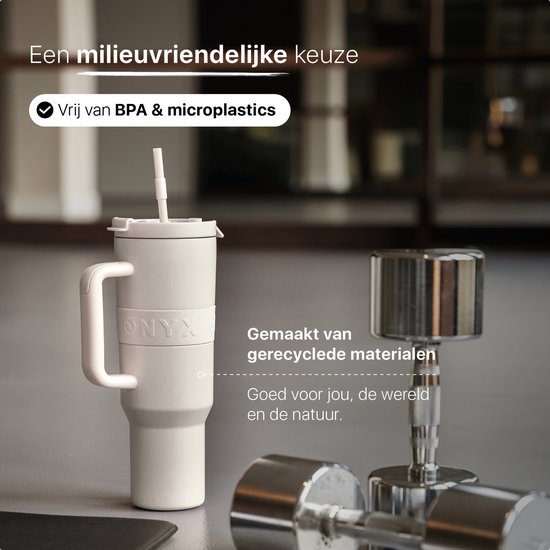 ONYX Trinkflasche mit Strohhalm 1 Liter - Trinkflasche für Kinder & Erwachsene - Thermoskanne Edelstahl-Reisebecher - Motivations-Trinker - Trinkbecher für die Schule - Coco White