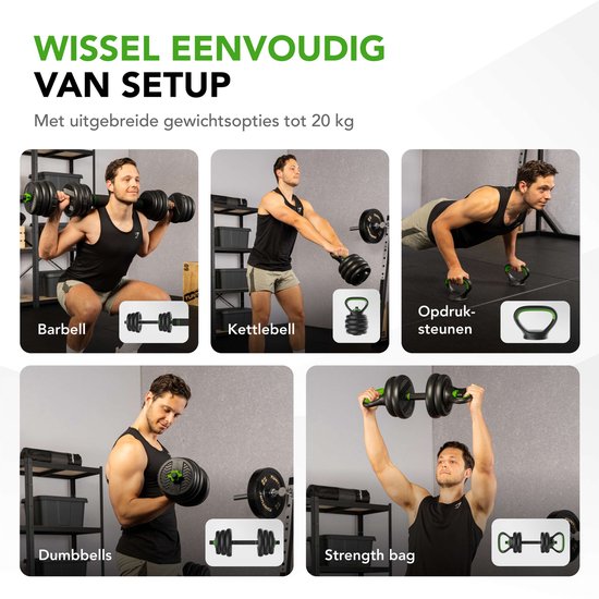 Tunturi Kurzhantelset und Kurzhanteln Vinyl 20 kg - Hantelset mit Kettlebell und Langhantel - Liegestützstützen - Schraubverschluss 30 mm - Anti-Rutsch-Griff