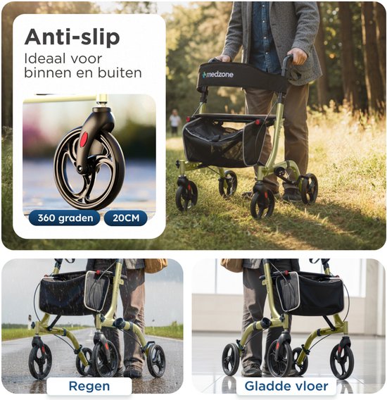 Medzone Rollator leicht und faltbar - Sitzfunktion - für drinnen und draußen - Rückenlehne und Gehstockhalterung - Champagner - Gold