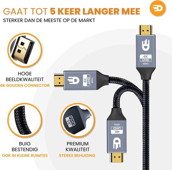 Drivv. Premium Displayport zu HDMI Kabel - 4K 60hz - Nylon - 2 Meter - Grau