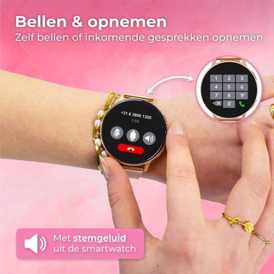 Nuvance Smartwatch Damen - Inkl. Edelstahl & Silikonband - Misst Sport & Schlaf & Körper - Pink Gold