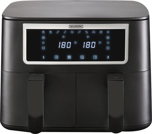 Bourgini Duo Heißluftfritteuse 2 x 4,0 l – PFAS-frei – Airfryer XXL – 2 Einschübe mit Synchronisationsfunktion – Touchscreen – 8 l – 2600 W – Schwarz