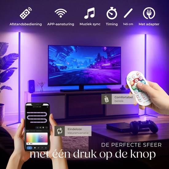 tectake® Smart LED Stehleuchte Spectra - Eckleuchte mit 16 Millionen Farben - 200 Lichteffekte - Smart Stehleuchte - 145 cm - dimmbar - Steuerung per App, Fernbedienung, Knopf und Stimme - Stehleuchte für das Wohnzimmer - Atmosphere Lighting