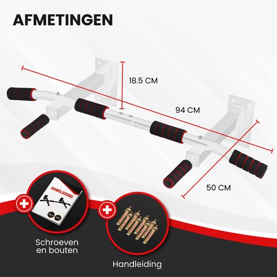 TTD® Premium Klimmzugstange - Klimmzugstation - Wandklimmzugstange - Dip Station - Dip Bars - Home Sports - Home Fitness - Hochwertige Materialien - Extra stabile Befestigungsteile - Heimtraining - Weiß/Rot