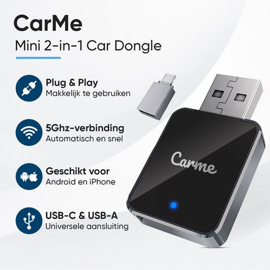 CarMe Mini 2-in-1 CarPlay Dongle V2 - Drahtloses CarPlay & Android Auto - USB-A & USB-C - Android Auto Dongle - Schwarz