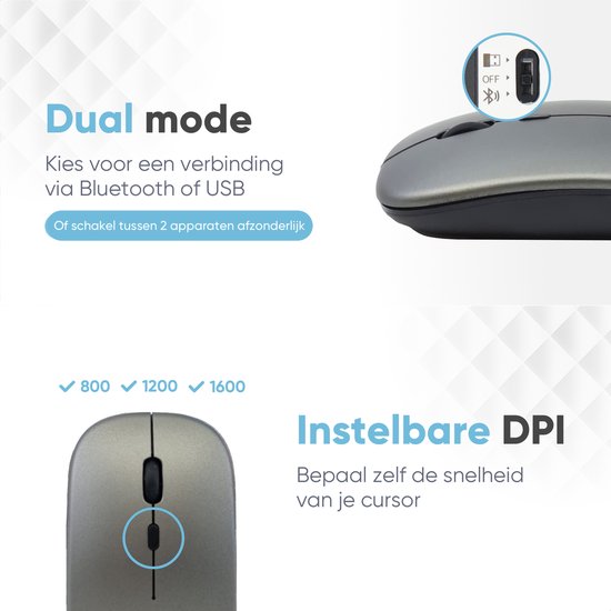 Trendfield Wireless Mouse - Wiederaufladbare Computermaus - Bluetooth - Ergonomische Maus mit Silent Click - Geeignet für alle Laptops - Space Grey