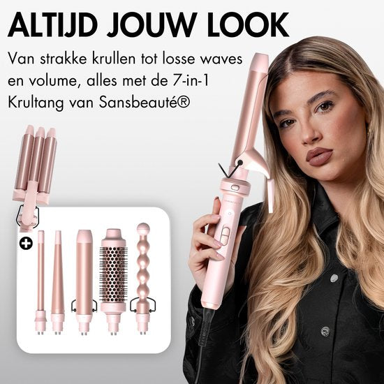 Sansbeauté® 7 in 1 Lockenstab mit Klemme und Waffeleisen - Keramischer Lockenstab - 13mm bis 38mm - Waffeleisen - Föhnbürste für kurzes Haar - Wärmebürste - Lockenstab - Thermobürste - Haarstyler - Lockenbürste 5 in 1