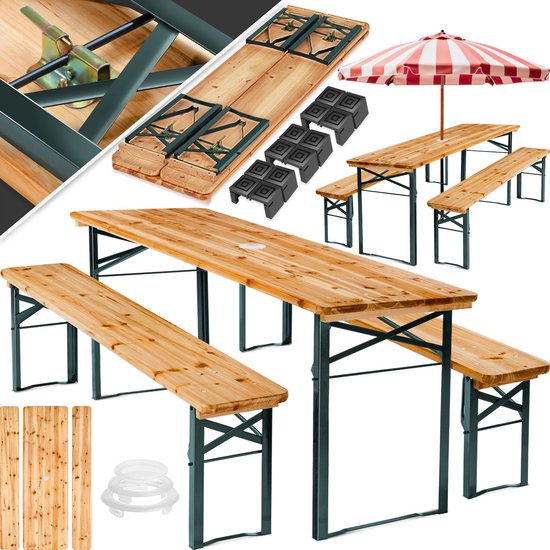 tectake Bierzeltgarnitur mit Tisch und 2x Bierbänken, mit Sonnenschirmhalter - Bierzeltgarnitur, Balkonmöbel mit 1x Klapptisch und 2x Bierbänken, klappbar, 170 x 46 x 78 cm, lackiert