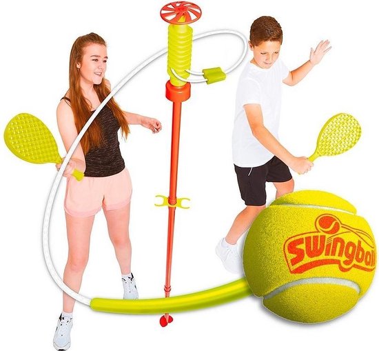 Swingball Classic - Tennisschläger mit Bodenplatte - mit Schlägerhalterung und Erdspieß - rot/gelb