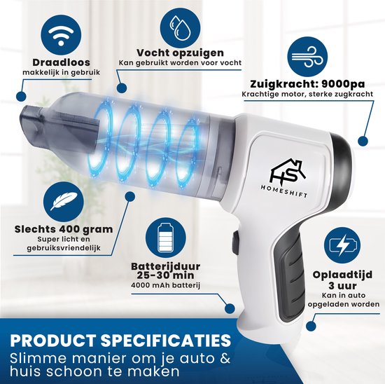 HomeShift® Autostaubsauger Cordless V2 - Krümelsauger - Handstaubsauger - Kleinstaubsauger - Schnurloser Staubsauger - Air Duster - Nass & Trocken - Grau
