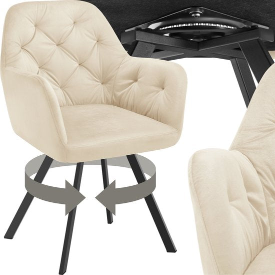 tectake - Drehstuhl - mit Arm- und Rückenlehne - 180-Grad-Drehung - Moderner Stuhl mit Stahlbeinen - Samt - Creme