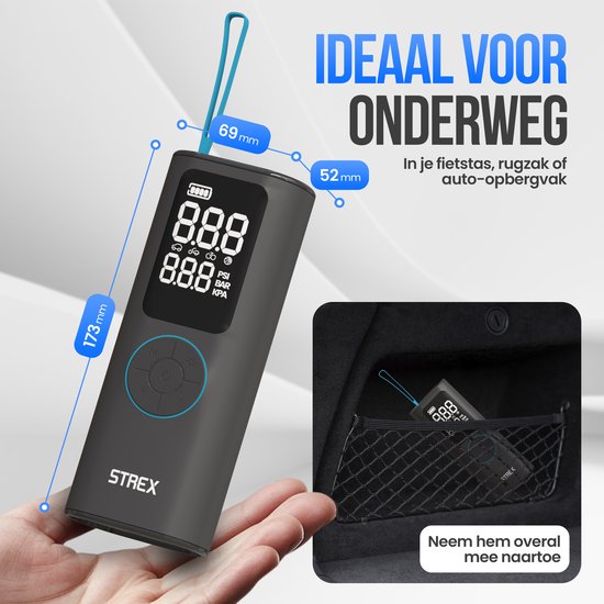 Strex Elektrische Reifenpumpe - Kabelloser Mini-Kompressor 3-in-1 - Auto, Fahrrad, Roller, Ball & Luftmatratze - bis zu 10,5 bar / 150 PSI - 30L/min - 8000 mAh Powerbank & Taschenlampe