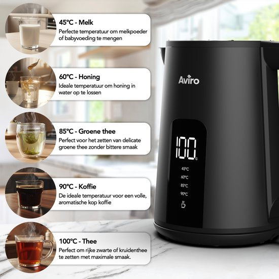 Aviro Wasserkocher mit Temperaturregelung - Heizfunktion - 1.7L - Edelstahl - Doppelwandig - Elektrisch - 2000W - Schwarz